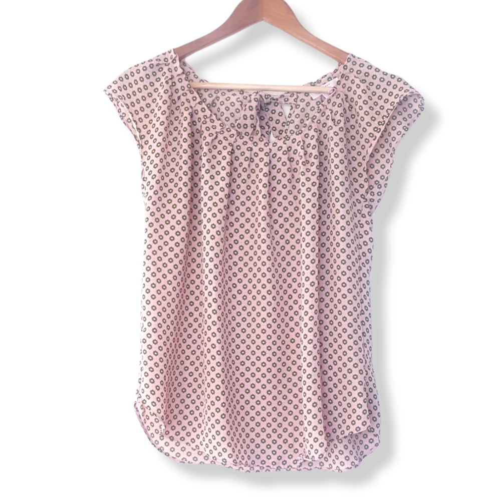 LAUREN CONRAD Tan & Green Pleated Collar Semi-Sheer Floral Blouse